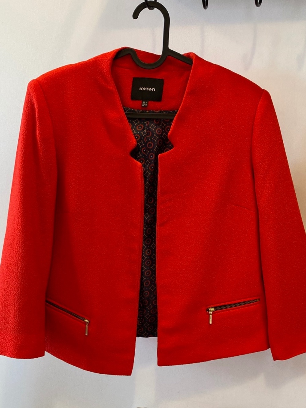 Koton Red Collarless Blazer Jacket Gold Zip Pockets Size 36